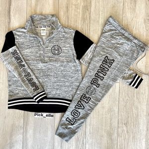 S Vs PINK Victoria’s Secret BLING gray black SEQUIN 3/4 Zip Pullover Jogger set